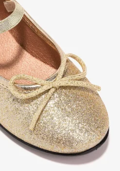 Sapatos De Cerimónia-Conguitos Bailarinas Com Glitter Dourado Para Menina