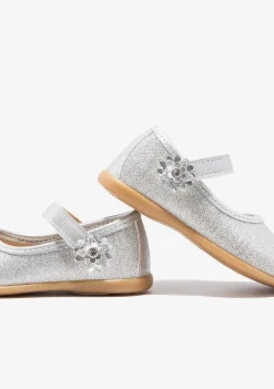 Sapatos De Cerimónia-Conguitos Bailarinas Com Glitter Flor Prateada Para Bebé