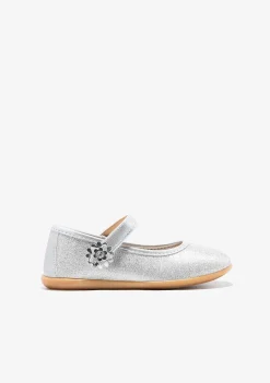Sapatos De Cerimónia-Conguitos Bailarinas Com Glitter Flor Prateada