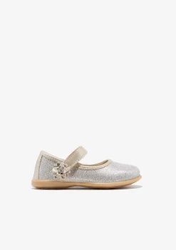 Sapatos De Cerimónia-Conguitos Bailarinas Com Glitter Flor Dourada Para Bebé