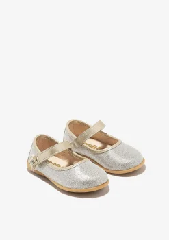 Sapatos De Cerimónia-Conguitos Bailarinas Com Glitter Flor Dourada Para Bebé