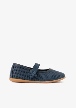 Sapatos Rasos-Conguitos Bailarinas Florais De Couro Azul Lavavel Para Menina