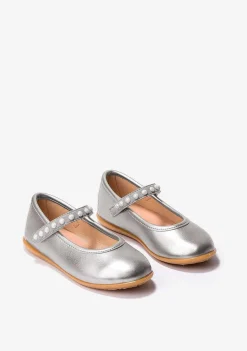 Sapatos De Cerimónia-Conguitos Bailarinas Perolas Em Prata De Menina Metalizadas