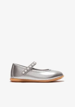Sapatos De Cerimónia-Conguitos Bailarinas Perolas Em Prata De Menina Metalizadas