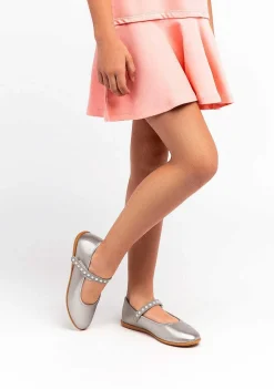 Sapatos De Cerimónia-Conguitos Bailarinas Perolas Em Prata De Menina Metalizadas