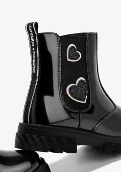 Botas-Conguitos Botas Femininas Com Coracoes Pretos Em Couro Envernizado