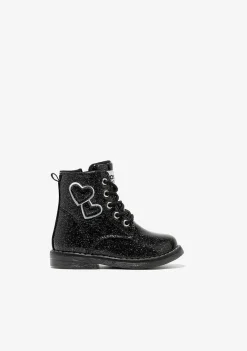 Botas-Conguitos Botins Com Cordao Coracoes Pretos Para Bebé