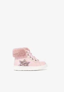 Tênis Casuais-Conguitos Botins De Bebé Envernizados Cor-De-Rosa Com Estrela Brilhante
