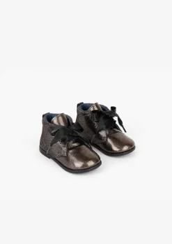 Botas-Conguitos Botins De Couro Envernizado De Titanio Para Bebé