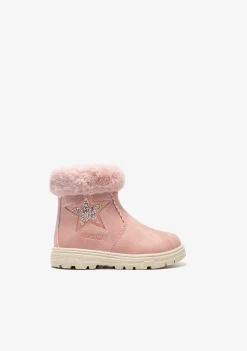 Botas-Conguitos Botins De Pele Rosa Estrela Para Bebé