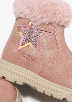 Botas-Conguitos Botins De Pele Rosa Estrela Para Bebé