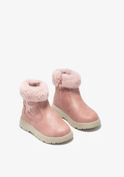 Botas-Conguitos Botins De Pele Rosa Estrela Para Bebé