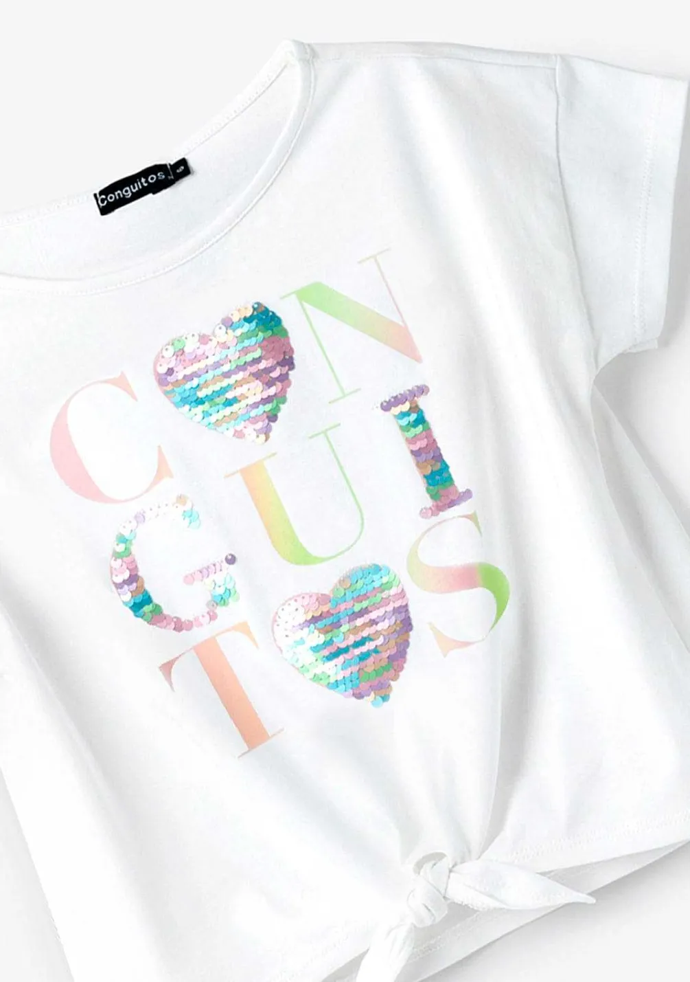 Roupas De Menina-Conguitos Camiseta Com Coracoes De Lantejoulas Brancas