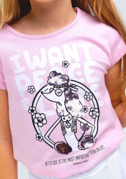 Camisetas-Conguitos Camiseta De Cachorrinho Com Lantejoulas Rosa Para Menina