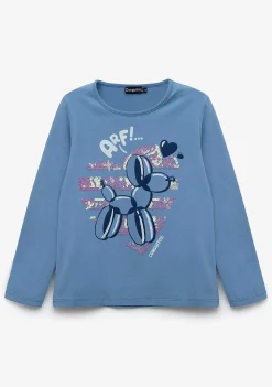 Camisetas De Manga Comprida-Conguitos Camiseta Feminina Com Balao De Cachorro Azul