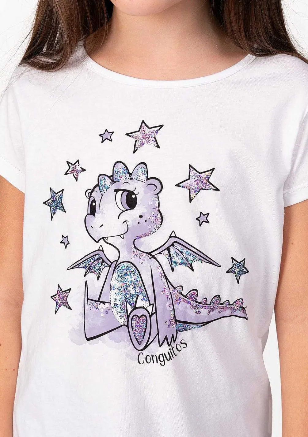 Camisetas-Conguitos Camiseta Feminina Com Lantejoulas Dragao