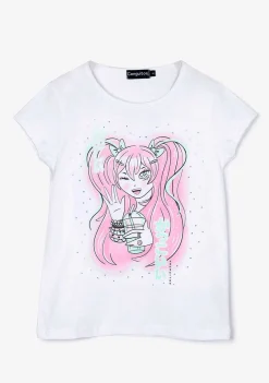Camisetas-Conguitos Camiseta Manga Estampada Branca Para Menina