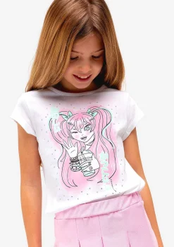 Camisetas-Conguitos Camiseta Manga Estampada Branca Para Menina