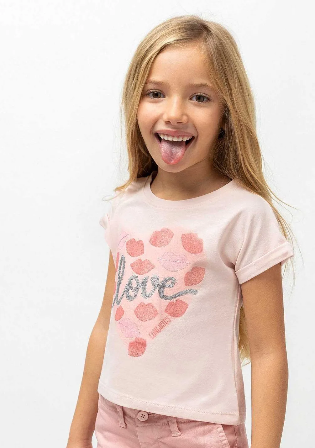 Camisetas-Conguitos Camiseta Rosa "Love Kiss" Para Menina