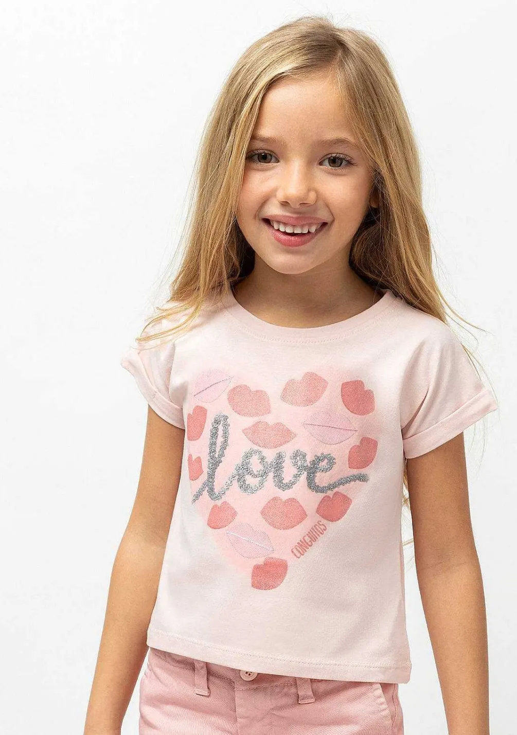 Camisetas-Conguitos Camiseta Rosa "Love Kiss" Para Menina