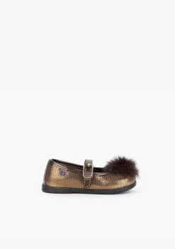 Sapatos Rasos-Conguitos Fantasia Mary Janes Bronze Para Bebé Com Pompom