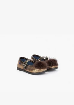 Sapatos Rasos-Conguitos Fantasia Mary Janes Bronze Para Bebé Com Pompom