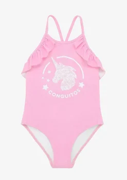 Roupas De Menina-Conguitos Fato De Banho Rosa De Menina Com Folhos