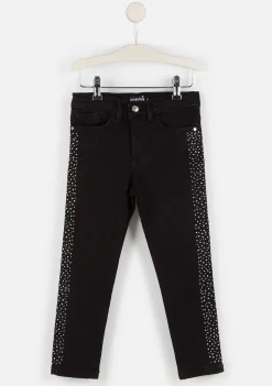 Calcas E Leggings-Conguitos Jeans Feminino Com Strass Lateral Preto