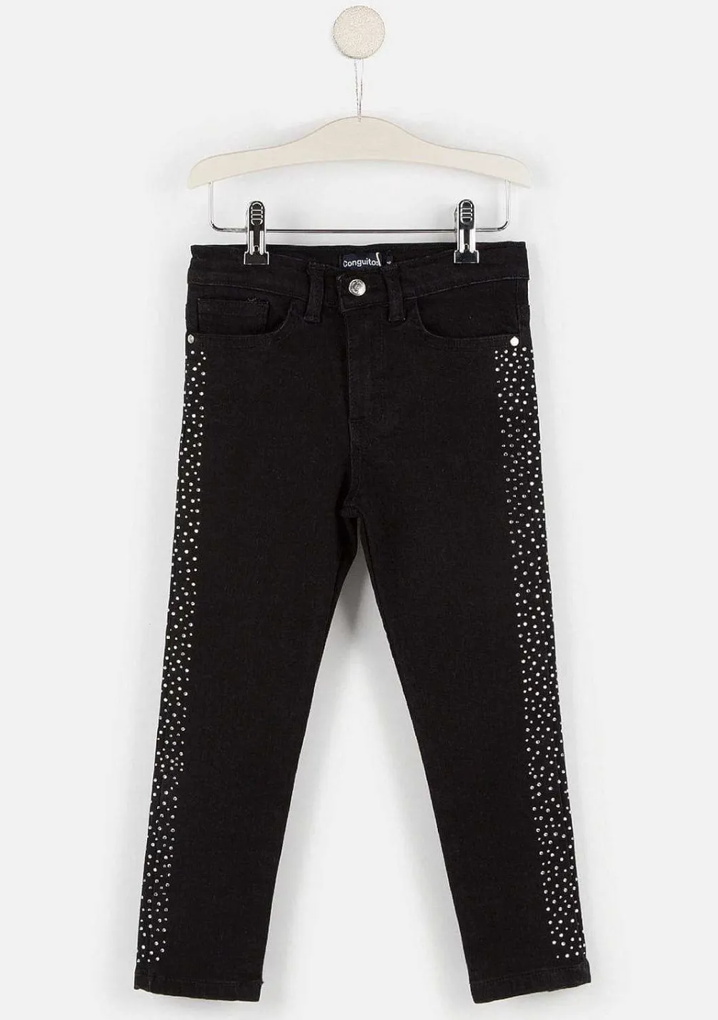 Calcas E Leggings-Conguitos Jeans Feminino Com Strass Lateral Preto