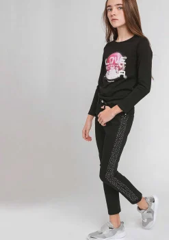 Calcas E Leggings-Conguitos Jeans Feminino Com Strass Lateral Preto