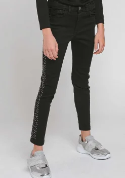 Calcas E Leggings-Conguitos Jeans Feminino Com Strass Lateral Preto