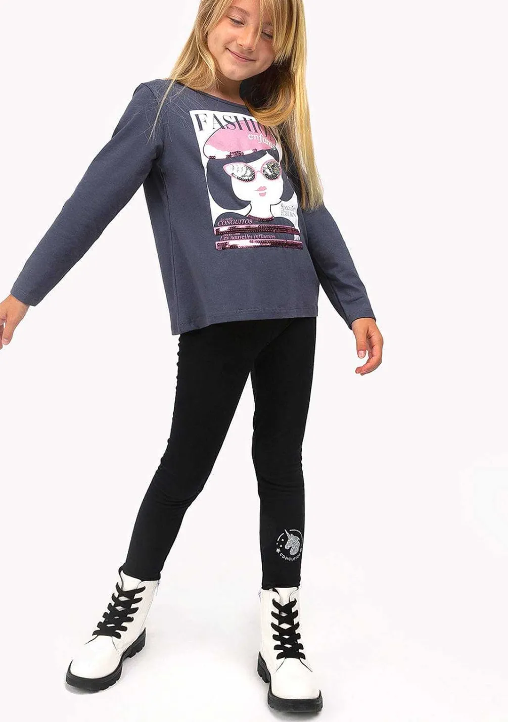 Roupas De Menina-Conguitos Leggings De Algodao Preto De Menina