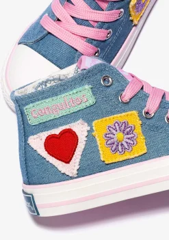 Tênis Casuais-Conguitos Lona De Tênis De Cano Alto Com Remendos Jeans Femininos