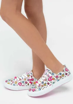 Tênis Casuais-Conguitos Lona De Tênis Feminino Branco Com Estampa Multicolorida