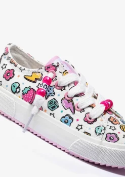 Tênis Casuais-Conguitos Lona De Tênis Feminino Branco Com Estampa Multicolorida
