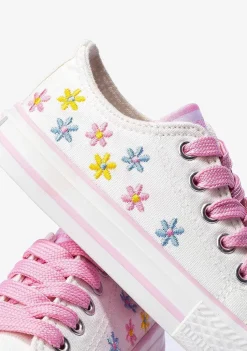 Sapatos De Menina-Conguitos Lona De Tênis Feminino Com Flores Brancas