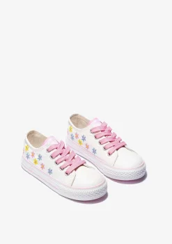 Sapatos De Menina-Conguitos Lona De Tênis Feminino Com Flores Brancas