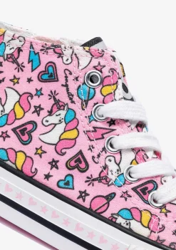 Tênis Casuais-Conguitos Lona De Tênis Feminino Com Cordao Rosa Unicornio Hi-Top