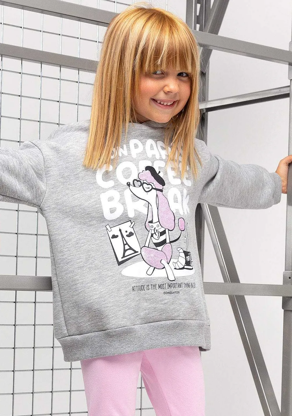 Moletons-Conguitos Moletom Com Capuz Feminino Puppy Paris Cinza