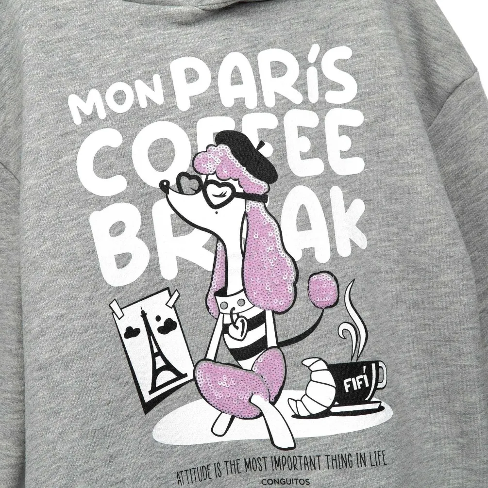 Moletons-Conguitos Moletom Com Capuz Feminino Puppy Paris Cinza