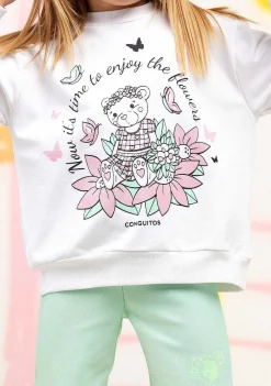 Roupas De Menina-Conguitos Moletom Menina Urso Branco Glitter Flores