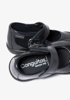 Sapatos De Menina-Conguitos Sapatos Escolares Femininos De Couro Envernizado Lavavel Azul Marinho