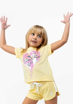 Roupas De Menina-Conguitos Shorts Atleticos Lisos Com Coracao Amarelo Para Menina