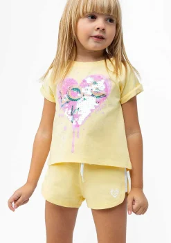 Roupas De Menina-Conguitos Shorts Atleticos Lisos Com Coracao Amarelo Para Menina