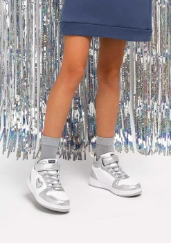 Tênis Com Luzes-Conguitos Tênis Feminino Branco Prateado Com Luzes Hi-Top Napa