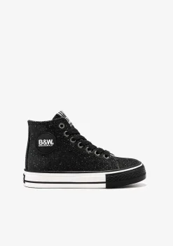 Tênis Casuais-Conguitos Tênis Feminino Cano Alto Com Logotipo Preto Brilhante Preto E Branco