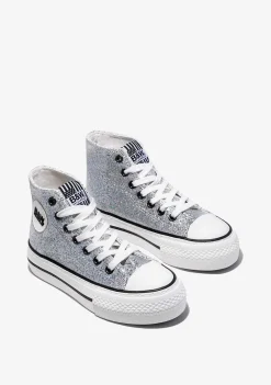 Tênis Casuais-Conguitos Tênis Feminino Cano Alto Com Brilho Prateado Preto E Branco