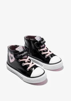 Tênis Casuais-Conguitos Tênis Feminino Cano Alto De Couro Envernizado Preto Com Coracao