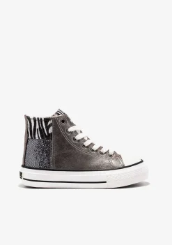 Tênis Casuais-Conguitos Tênis Feminino Cano Alto Patchwork Multicolorido Preto E Branco