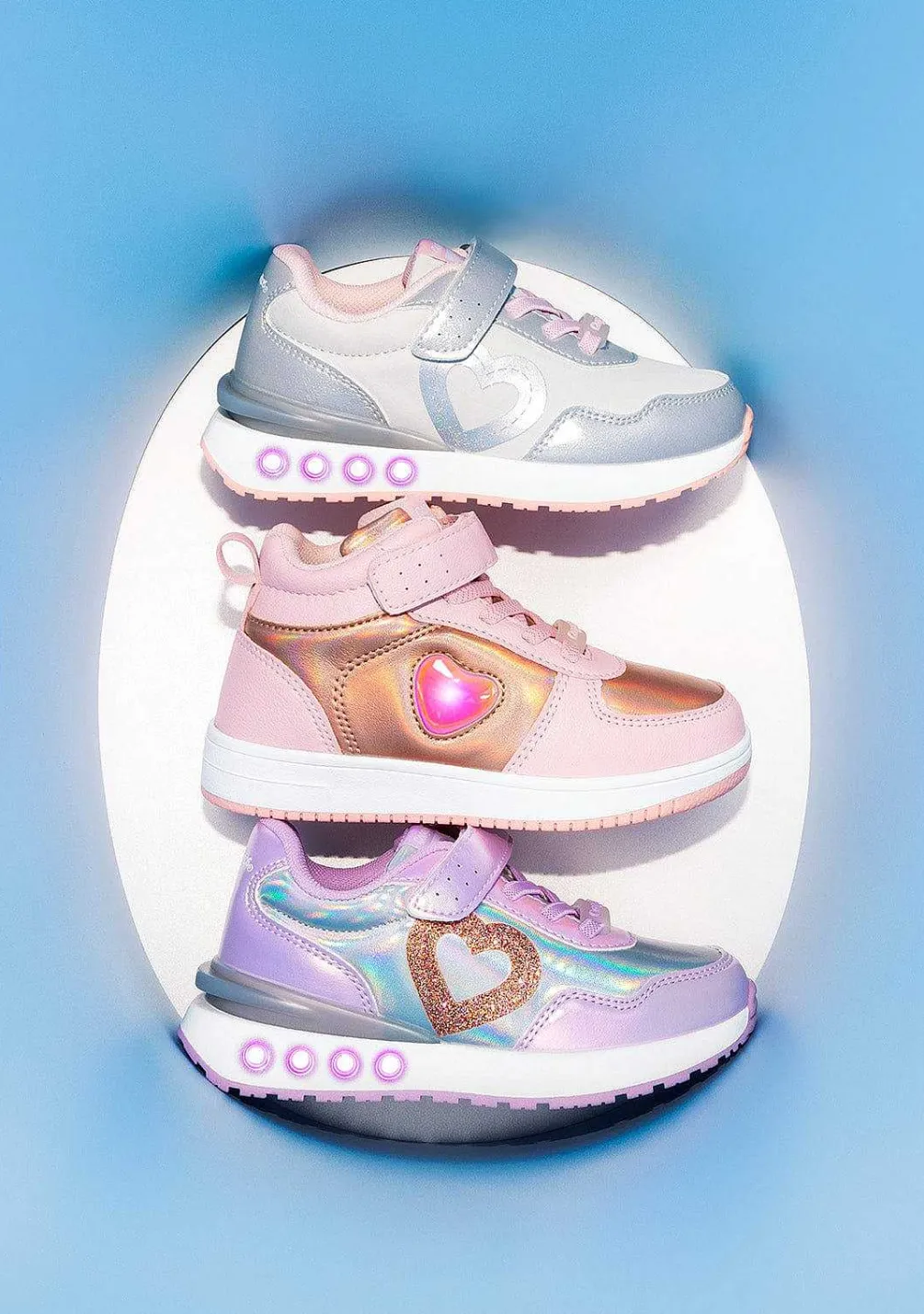 Tênis Com Luzes-Conguitos Tênis Feminino Coracao Prateado Com Luzes